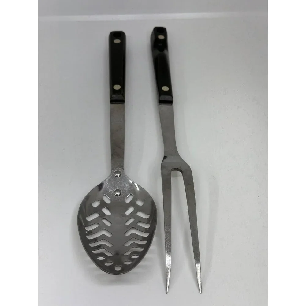 VTG Stainless Carving Set 2 Meat‎ Fork & Slotted Spoon Black Handle 12